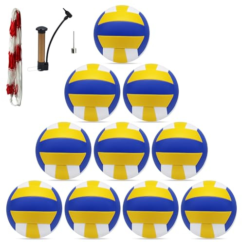 ZHUOKECE Volleyball, 10 Pack Official Size 5 Inflatable Volleyballs, Beach Ball Outdoor Indoor Training Equipment, Volley Balls Gifts for Team -Includes Ball Pump (Blue Yellow)
