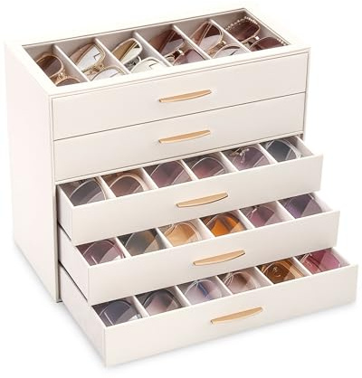 Lolalet Caja para Gafas de Sol Mujer 5 Niveles, Expositor y Organizador de Colección para Gafas con Tapa Transparente en PU -Cream