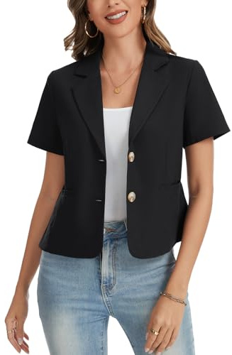 LADI TREND Women's Short Sleeve Blazers Jackets Cotton Linen Two Buttons Casual Cropped Blazer Business Casual Jackets with Pockets #Black,Size S#