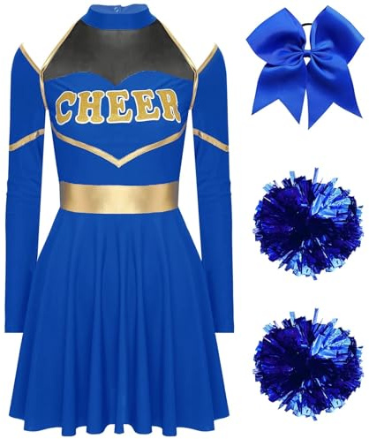UBOHUZ Womens Adult Cheerleader CostumeHalloween Cheerleading Uniform Long Sleeve Cheer Up Dance Dress With Pom Poms Hair Tie for Adults(Blue A,L)