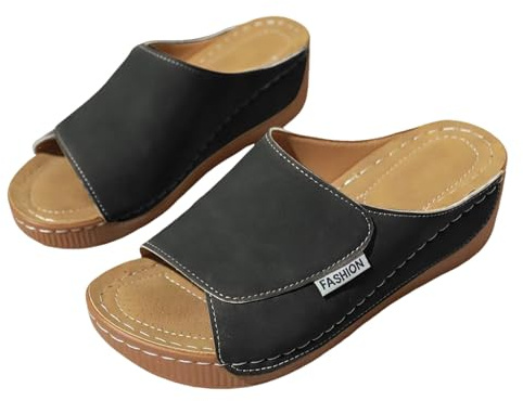 Dam Sommar Ortopediska Läder Anatomiska Sandaler Kiltofflor Bekväma Hem Elegant Lättvikts Fascites Sandaler Öppen Mode Halkfri Bågstöd Sandal Strand Hav 2025, Svart, 41 EU