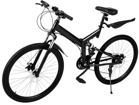 Steeviuzj 21 Speed Mountain Bike 26 Inch Wheel, Foldable Carbon Steel Bicycle with Front Rear Shock Absorber, Dual Disc Braking System, Adjustable Seat, Sport Cycling for Trail Commuting, Black