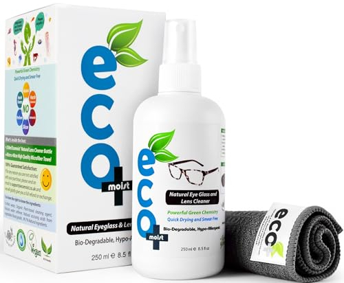 Ecomoist Natural Lens Cleaner 250ml – Alcohol-Free Spray with Microfibre Cloth – Streak-Free, Anti-Static Cleaning for Glasses, Camera Lenses, Binoculars, and Screens
