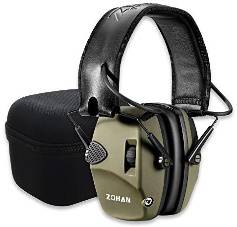ZOHAN 054 Casque Anti Bruit de Tir Electronique Coussinets d'oreille Remplaçable, SNR 27dB/NRR 22dB Réducteur de Bruit Réglable, Protection Auditive de Chasse Amplificateur Sonore, Vert avec boîte
