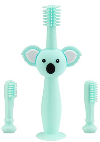 Vicloon Baby Zahnbürsten, Cartoon Silikon Zahnbürste mit Saugnapf-Design, Mundpflege-Set mit Aufbewahrungsbox & 2 austauschbaren Bürstenköpfen - ab 6+ Monate