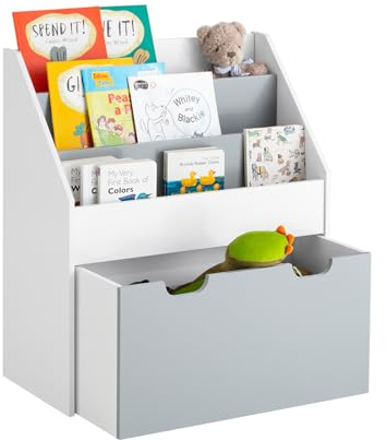 SoBuy Bücherregal Kinder, Kinderregal mit 3 Ablagefächern und herausnehmbarer Spielzeugbox auf Rollen, Spielzeugregal und Aufbewahrungsregal, Kinderzimmer Möbel Weiß/Grau 80x37x14cm KMB17-HG