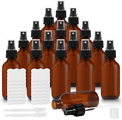 BELLE VOUS Sprühflaschen zum Befüllen aus Braunglas mit Zerstäuber (16er-Packung) 2 Pipetten & Etiketten Inkl. - 60 ml - Leere Braunglas Sprühflasche - Für Ätherische Öle, Reinigung & Aromatherapie