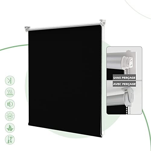 HOMEDEMO Store Enrouleur Occultant Isolant Thermique Opaque, Rideau Occultant, Fixation avec ou sans Perçage, 45l x 130L cm, Largeur du Tissu 45cm, Noir