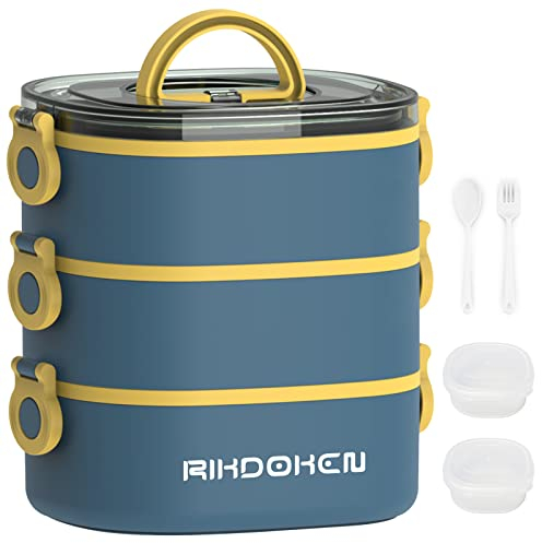 RIKDOKEN Bento Box Lunchbox, stapelbare 3-lagige Behälter, tragbare 2.6 l große Kapazität, auslaufsichere Bento-Box mit Löffel, mikrowellengeeignet, Lunchbox für Kinder und Erwachsene