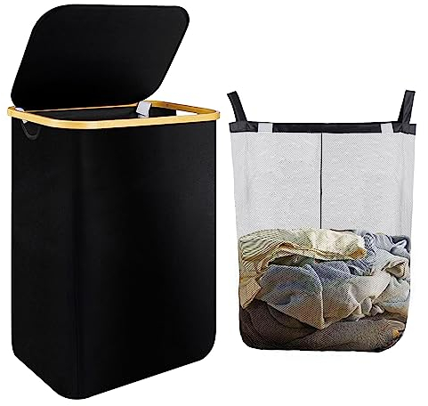 Greentainer Wäschekorb mit Deckel 70L Wäschesammler mit Wäschesack aus Oxford und Bambus, Groß Wäschebox mit Henkel Schwarz- ausziehbar & abnehmbar Laundry baskets Wäschetruhe Wäschetonne