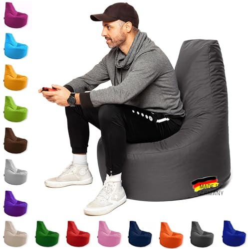 PATCH HOME Gamer Kissen & Lounge Sitzsack – befüllbar mit Reißverschluss, gefüllt mit Styropor, geeignet für In- & Outdoor. Perfekt als Gaming Sessel Sitzkissen (Anthrazit, Ø 65cm x Höhe 70cm Junior)