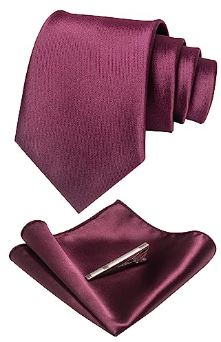 JEMYGINS Klassisch Formal Elegant Herren Seidenkrawatte Set-Krawatte & Einstecktuch Sets weingummirot kastanienbraun