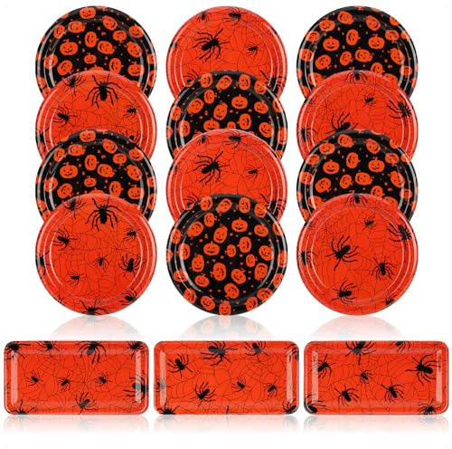 com-four® 15x assiettes décoratives Halloween - assiettes réutilisables au design araignée et citrouille - assiettes décoratives de qualité alimentaire 2 formes (15 pièces - araignée + citrouille)