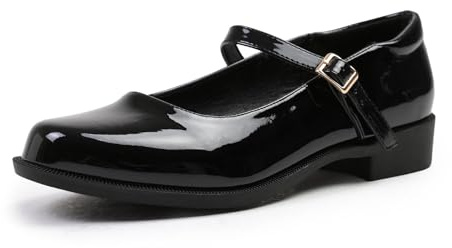 Fashion Thirsty Kingston - Zapatos de tacón bajo ancho con detalle de hebilla de charol para mujer (8) (negro)