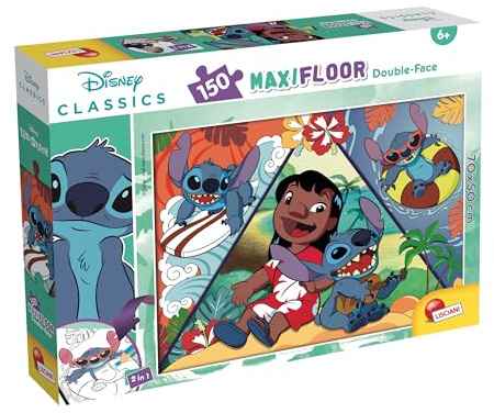 Lisciani - DISNEY LILO & STITCH Puzzle MaxiFloor - 150 Pièces - Pour Enfants dès 6 ans - 50x70cm - Grand Puzzle Exploration Tropicale avec Lilo et Stitch - Développe Réflexion et Dextérité