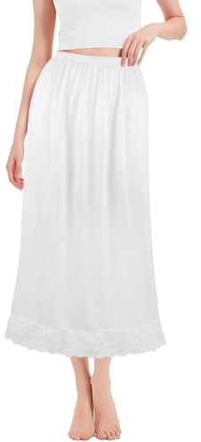 Enagua Larga de Encaje Suave para Mujer, Media Falda Interior, Estilo Enagua, Blanco, 85 CM