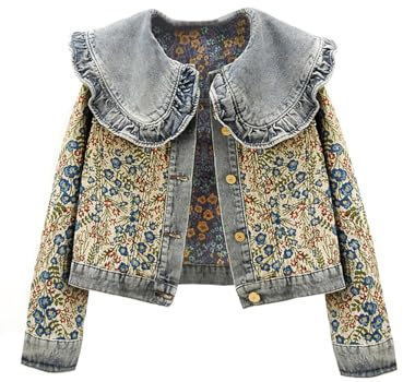 BlueFire2015 Women's Sweet Peter Pan Collar Long Sleeve Jacquard Denim Jacket, blue, M