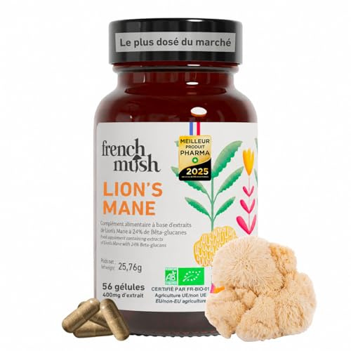 French Mush - Lions Mane Bio 8000 mg - 56 Gélules Vegan pour le Cerveau, Bien-Être, Stabilité Humeur - 1 à 2 Gélules/Jour - Extrait Crinière de Lion Riche en Molécules Bioactives - Fabriqué en France