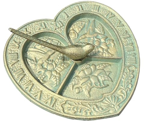Alfie Francis Cast Iron Heart Shaped Sundial Garden Ornament Statue Decoration Outdoor Rustic Antique Bird Gnomon Clock Gift
