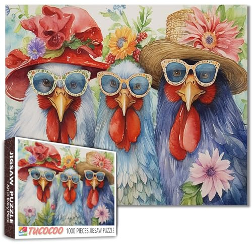 Tucocoo Roosters Jigsaw Puzzles for Adults 1000 Pieces, Animals Tropical Flowers Artwork Jigsaw Puzzle 27 x 20 Inches Colorful DIY Puzzles for Home Decoration, Family Puzzle Perfect for Game Nights