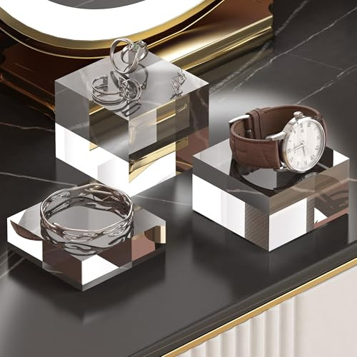 CANCLEAR Acrylic Display Stands, 3 Graduated Sizes Acrylic Block Riser for Displaying Collection, Crystal Clear Acrylic Cube Pedestals for Jewelry Glass, Gem and Collectables, 1set
