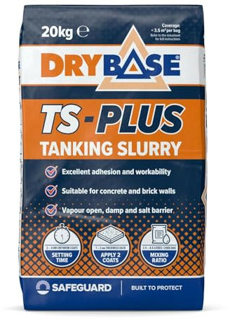 Drybase TS-PLUS Tanking Slurry (20kg) | Cementitious Waterproofing Internal/External Damp-Proofing Treatment | Frost/Heat-Resistant Damp & Salt Barrier | Breathable Coating