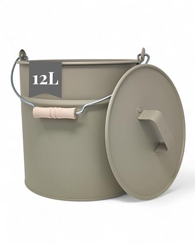LIVLIG - Secchio per cenere con coperchio, 12 l, colore verde, esclusivo secchio zincato con coperchio per camini moderni, qualità premium dall'Europa, elegante accessorio per camini per conservare in