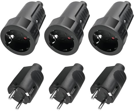 3x Schuko Stecker Kupplung: Sporgo Stecker 230V IP44 Aussenbereich Schutzkontaktstecker mit Knickschutz, 2-Poliger 16A & 3,7kW Gummi Kupplung für Außenbereich, Schukostecker Kupplung 230V (Schwarz)