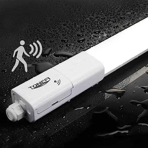 TONFFI LED Feuchtraumleuchte 115CM mit Bewegungsmelder, 36W 4100LM Verknüpfbar Feuchtraumlampe Einstellbarer Radarsensor, 4000K Neutralweiß, IP65 Werkstatt Garage Keller Büro Treppe Deckenbeleuchtung