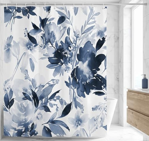 goodbath Blommigt duschdraperi, sommar akvarell blomma vattentät anti-mögel tyg duschdraperier för badrum, 180 cm x 180 cm, blå