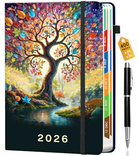 Pcuntslo Academic Diary 2026 A5 400 Pages Week to View Work Diary from Jan to Dec 2026 Diaries Student Teacher Planner Organiser 6 Pages Per Week Appointment Book for School (Seasonal Tree)