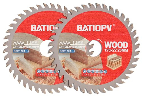 BATIOPV Lot de 2 Disque à Tronçonner Meuleuse 125 x 22,23 mm – Lame de Scie Circulaire 40 Dents en Carbure de Tungstène pour Bois, Contreplaqué, Stratifié, Cloison Sèche et Plastique