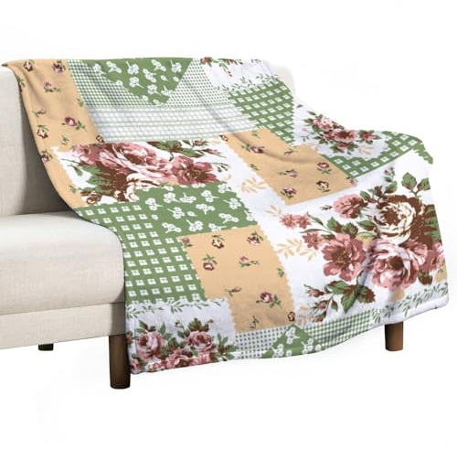 Manta suave con diseño de rosas y flores de patchwork, de franela cálida y acogedora, ideal para sofá, cama o sofá, para todas las estaciones, para hombre y mujer, ligera, para decoración del hogar, 5