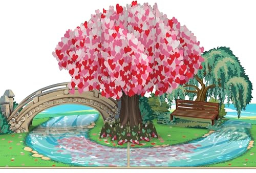 MOKIO® Biglietto Fiore Pop-Up – Albero con cuori – Biglietto regalo 3D per un compleanno, anniversario o San Valentino, idea regalo romantica per coppia o matrimonio