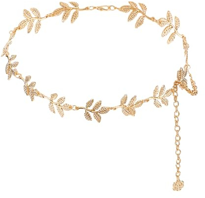 NICENEEDED Cadena de cadera de metal ajustable de 41,3 pulgadas para mujer, cinturón de hoja de oro, cuerpo, vientre vintage, accesorios de joyería bohemia, cintura ajustada, para vestidos vaqueros