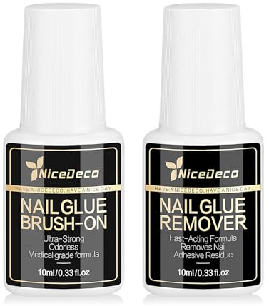 Nicedeco Set Pegamento y Disolvente para Uñas No se Necesita Lámpara con Pincel Adhesión Fuerte Duradera Sin Irritaciones para Uñas Postizas y Press on Nails Fácil Aplicación y Desmontaje 2 × 10ML