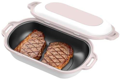Astraguix Microwave Grill Pan with Lid and Non-Slip Base, 10.2 Inch Microwave Crisper Pan for Grilling Meat, Sandwich Maker & Bacon Cooker, Dishwasher Safe Non-Stick Microwave Cookware for Dorm, RV, Office (Pink)