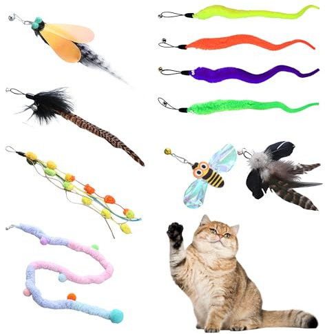 Pushiibee Ricambi Piume per Bacchetta per Gatti, 10 Pezzi Giochi con Piume per Gatti con Campanellini, Giocattoli Interattivi Multicolore con Piume Pendenti per Gatti da Interno