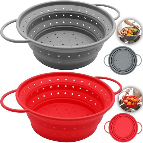 Cerkkapo 2 coladores plegables de silicona de 33,5 cm, colador de pasta, colador grande, escurridor de pasta con asas dobles, apto para lavavajillas, para escurrir pasta, frutas, verduras (rojo y gris