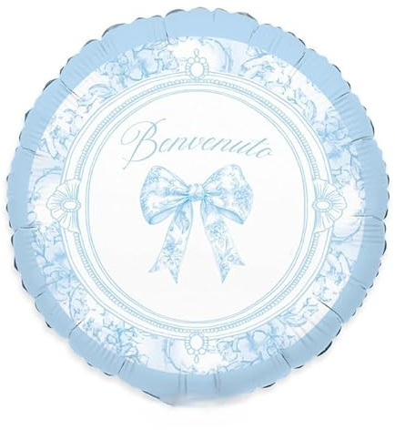 Pallone BENVENUTO nascita BIMBO bambino - CELESTE con stampa FIOCCO VINTAGE - PALLONCINO in foil Mylar - 45CM - gonfiabile ad aria o elio - FORNITO SGONFIO