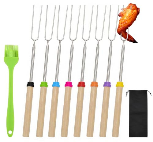 8 stycken teleskop grillspett 31–81 cm teleskop rostfritt stål marshmallow stekstavar rostfritt stål med förvaringsväska och grillborste, lägereldspett grillgaffel för camping grill, trädgårdsfest