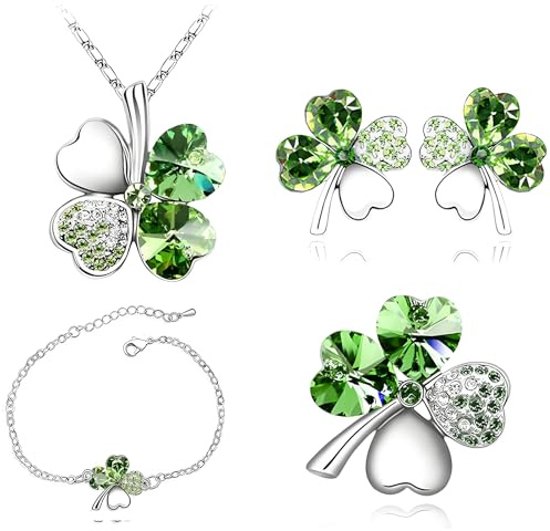 Colgante Trebol Brazalete de Trébol de Cuatro Hojas Pendientes de Trébol de Lucky Clover Broche de la Novedad, Juego de Joyas de Trébol para Madres, Mujeres, Novias, Mujeres, Hijas, 4pcs / Set (Verde)