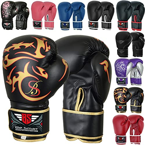 Be Smart Gants de Boxe pour Enfants de 4 à 15 Ans, 4oz, 6oz, 8oz Gants d'entraînement pour Femmes et Enfants, Gants de Boxe Junior en Cuir PU, MMA, Muay Thai, Kick Boxing (4oz, Tatouage doré)