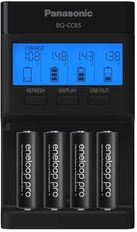 Panasonic K-KJ65KHA4BA Super Advanced 4-Position Quick Charger with LCD Indicator Panel, USB Charging Port and 4AA eneloop pro Rechargeable Batteries, Black