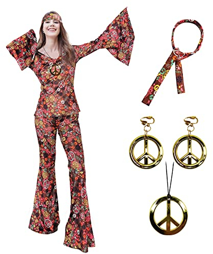 XonyiCos 6 Stück 70er Jahre Hippie Kostüme Zubehör für Damen Disco Outfit, 70er Jahre Mottoparty Kostüm, Halloween Boho Schlaghose (Braun, S)