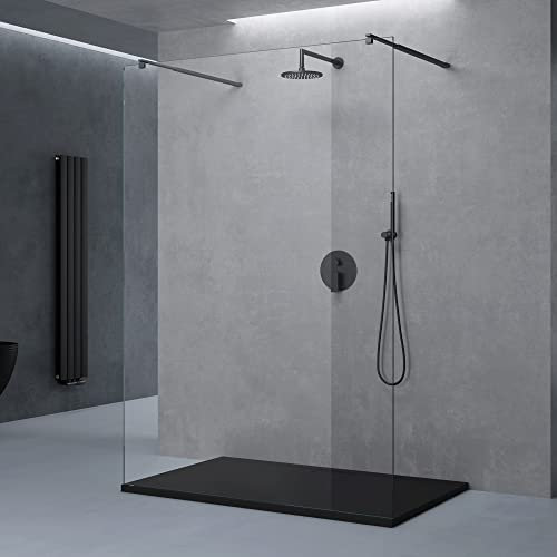 doporro Duschwand für Dusche Duschabtrennung 160x200 Walk-In schwarz mit Doppel-Stabilisator aus Echtglas 10mm ESG-Sicherheitsglas Klarglas inkl. Nanobeschichtung