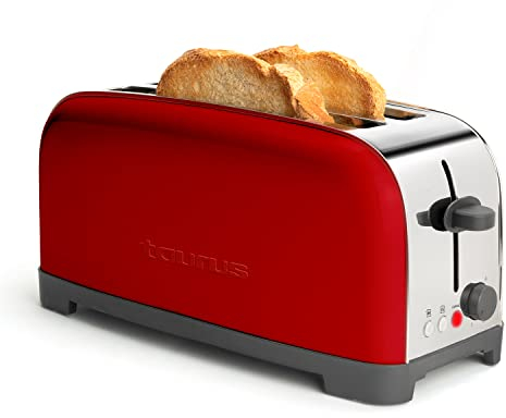 Taurus – Tostador, 1400W, 6 niveles de tostado, dos ranuras extra largas de anchura variable, funciones: stop, recalentar y descongelar, sistema auto centrado, acero inoxidable