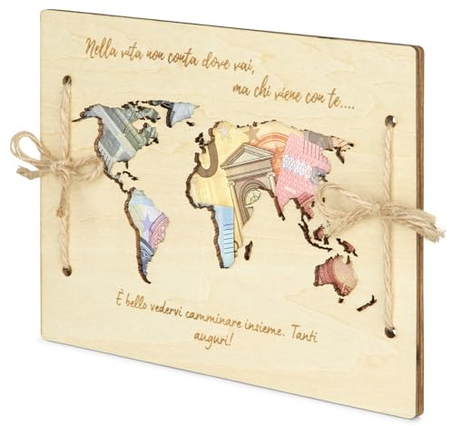 EQUIK PRODUCTS Regalo porta soldi matrimonio | Busta Biglietto auguri di nozze | Mappamondo in legno (Carta Geografica)