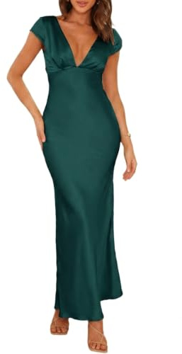 Halfisland - Vestido Largo de satén para Mujer, de Verano, Escote en V, Manga Casquillo, Espalda Descubierta, Elegante, Maxi, drapeado, Largo Midi, para invitada de Boda