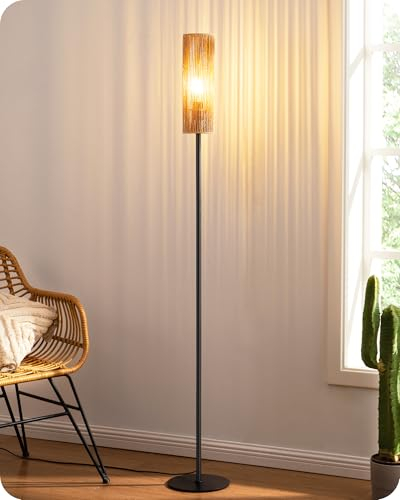 EDISHINE Stehlampe Wohnzimmer, LED Stehleuchte mit Lampenschirm aus gewebtem Seil, Stehlampe vintage 2700K, Boho Stehlampe E27 für Schlafzimmer, Kinderzimmer oder Ecksofa, Höhe 165 cm